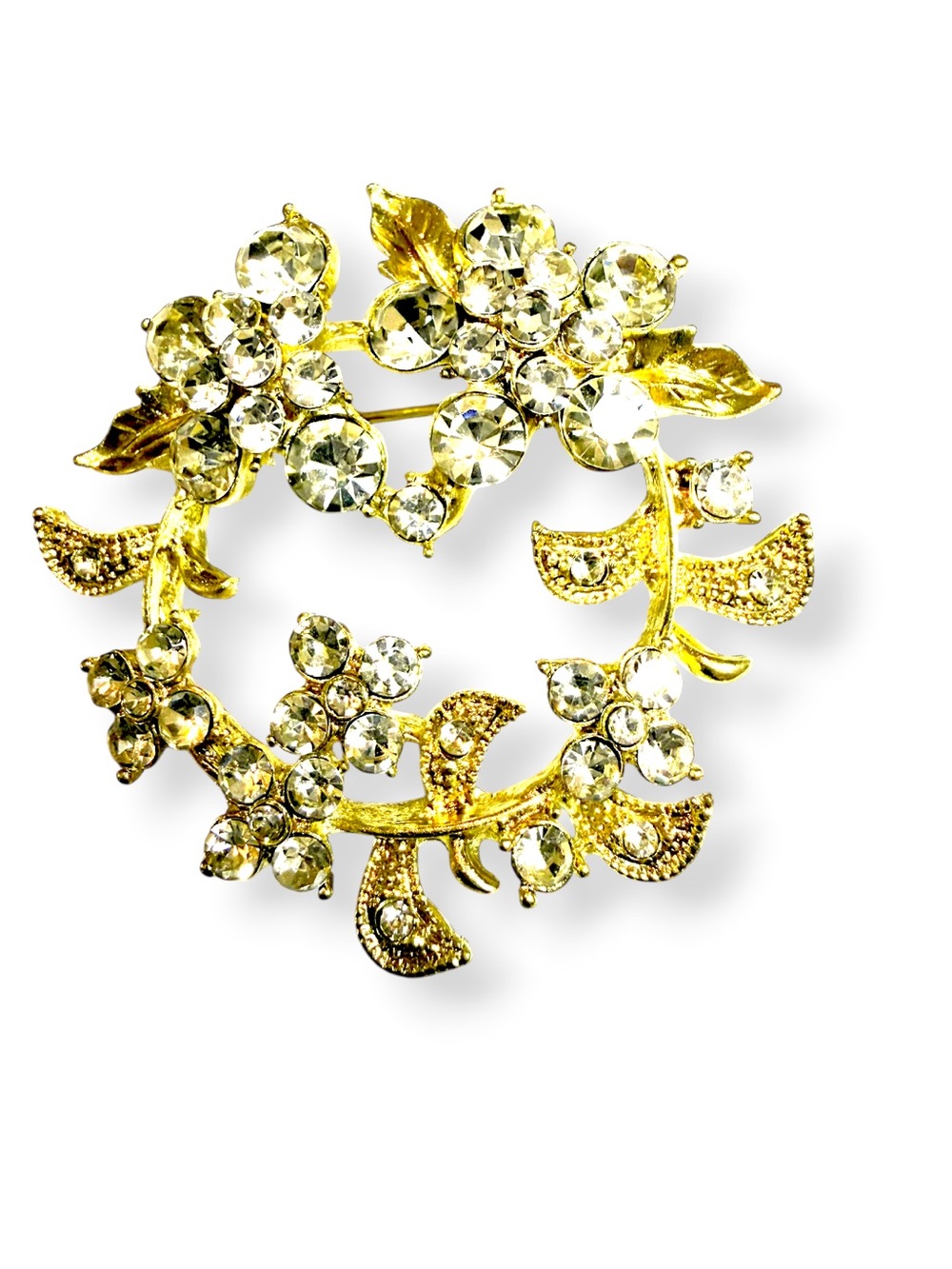 Vintage Floral Wreath Brooch - Gold Tone Clear Rhinestone Floral